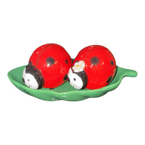 Ceramic Ladybug Salt and Pepper Shaker Set with Leaf Tray, Red and Green